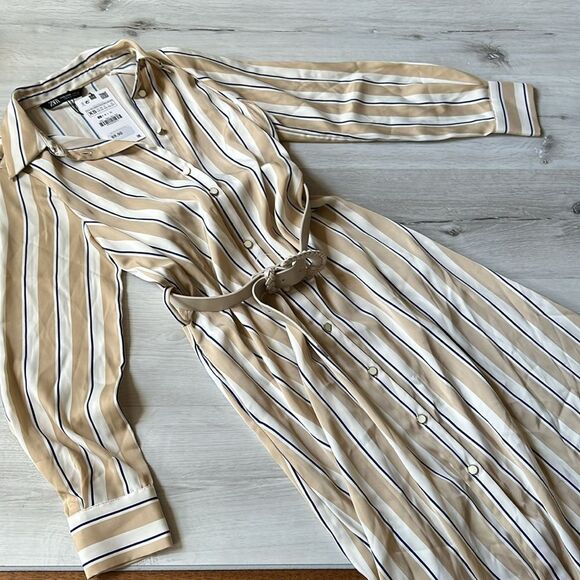 ZARA Striped Belted Midi Dress long sleeves tan,white,blue Size XS‎ NWT - Picture 8 of 9